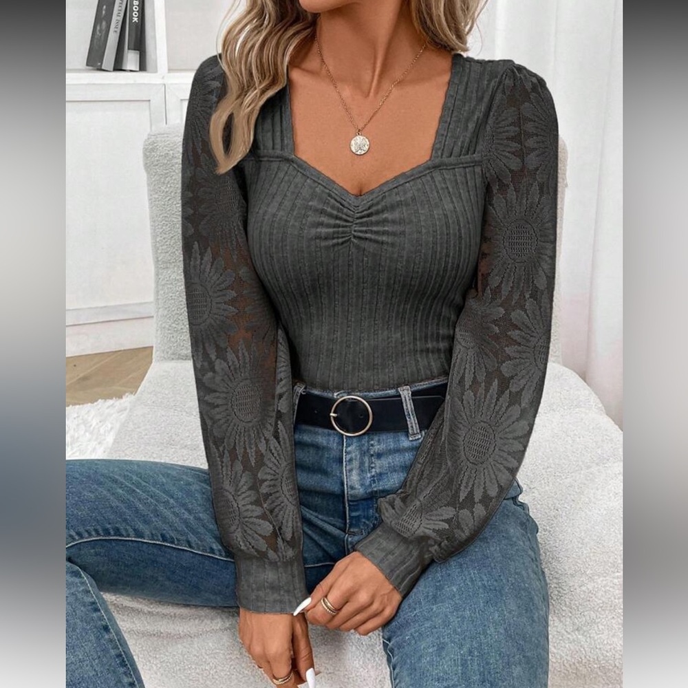 Dark Gray Floral Sleeve Ribbed Sweater
